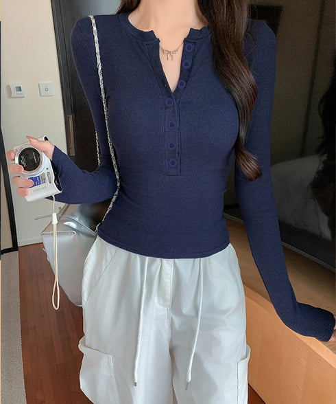 ハーフボタンカットソー長袖タイトtシャツ レディース ヘンリーネックプルオーバー シンプル 細見えTシャツ 着回しベーシックトップス ストレッチフィットカットソー 92HLH-001